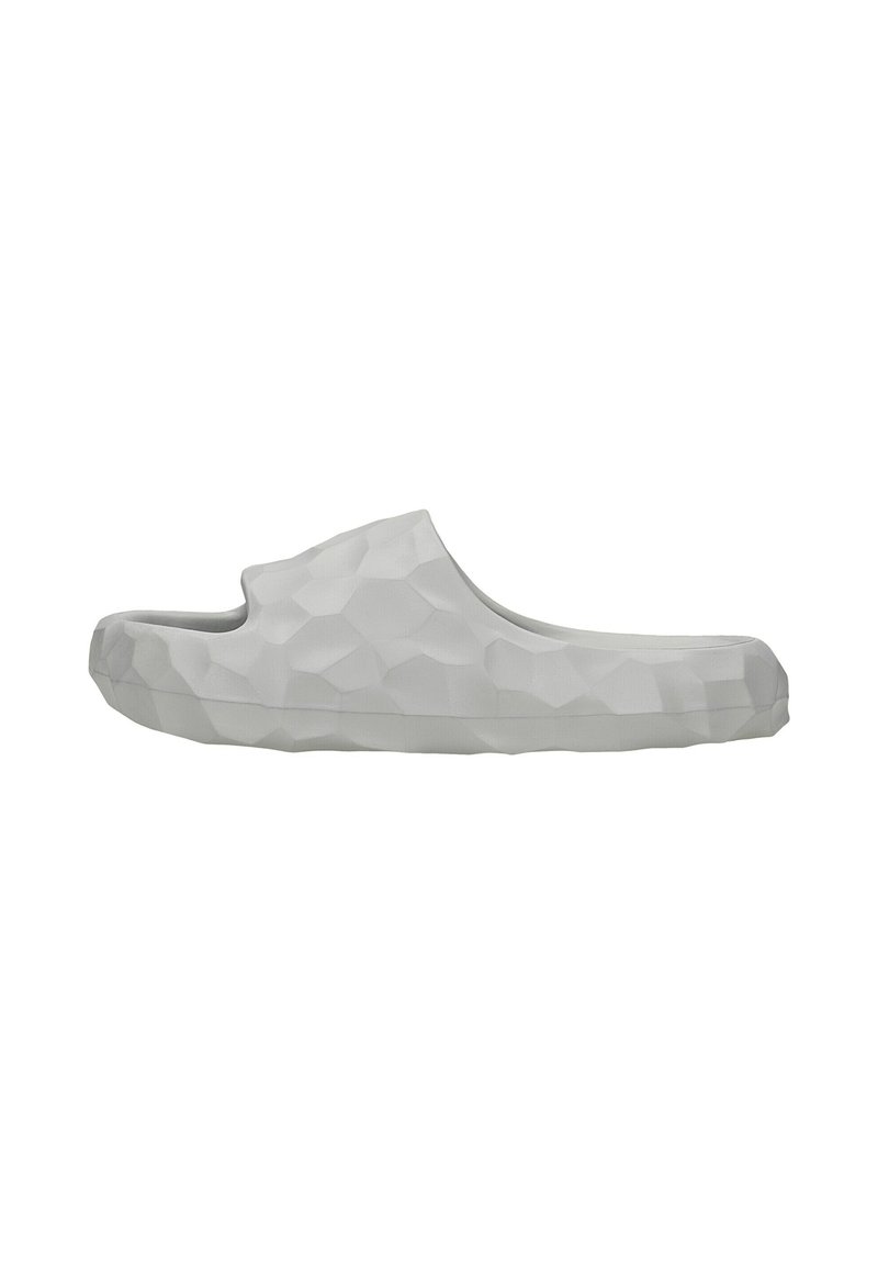Gray slipper with a geometric, textured surface. Features an open back and a smooth, rounded front. Made from durable material.