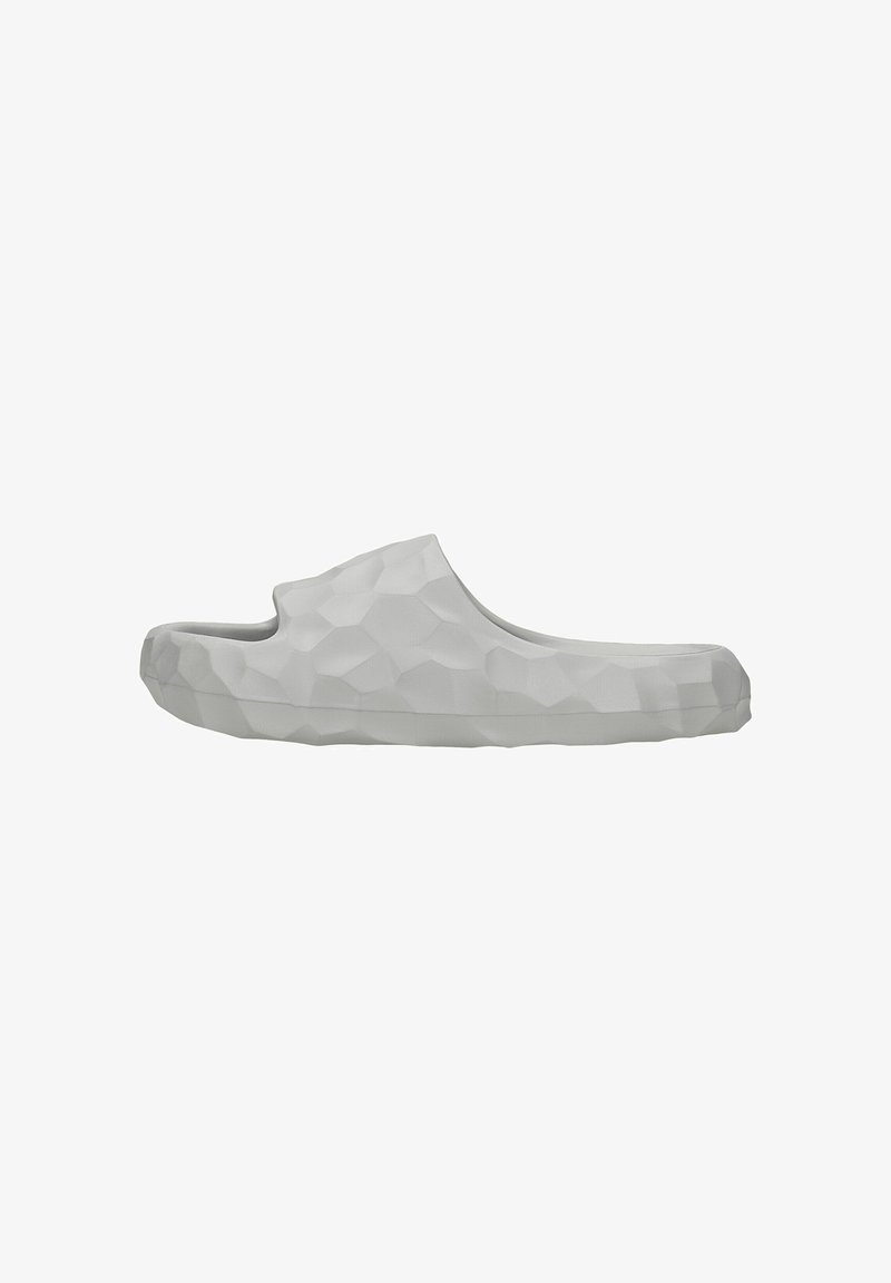 Gray slipper with a geometric, textured surface. Features an open back and a smooth, rounded front. Made from durable material.