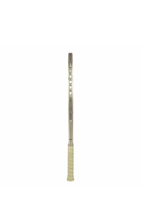 Lightweight tennis racquet with a metallic silver frame, textured beige grip, and open string pattern for enhanced control and spin.