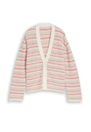 Cardigan boutonné avec un motif en maille ouverte, présentant des rayures horizontales en tons blanc, rose et beige.
