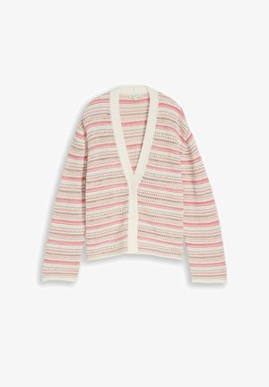 Buttoned cardigan with open knit pattern, featuring horizontal stripes in white, pink, and beige tones.