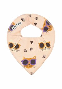 Peach bandana smæk lavet af bomuld, der har et gentaget mønster af katteansigt med solbriller og poteaftryk, sikret med trykknapper.