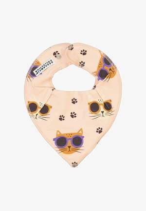 Peach bandana smæk lavet af bomuld, der har et gentaget mønster af katteansigt med solbriller og poteaftryk, sikret med trykknapper.