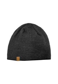 Black knit beanie made from a textured material, featuring a small tan label on the side. Soft and stretchy design.