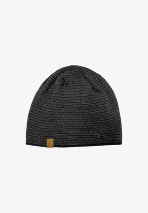 Black knit beanie made from a textured material, featuring a small tan label on the side. Soft and stretchy design.