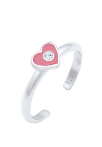 Silverjusterbar ring med en design av ett rosa emaljhjärta och en central klar sten accent, med en "925" silverstämpel.