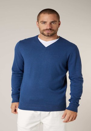 Homme aux cheveux courts et barbe, portant un pull bleu à col en V par-dessus une chemise blanche et un pantalon blanc, debout devant un fond uni.