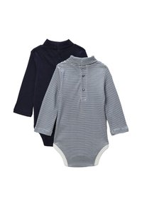 Deux bodies à manches longues en bleu marine et à rayures, dotés de fermetures à pressions et confectionnés dans un tissu doux en mélange de coton.