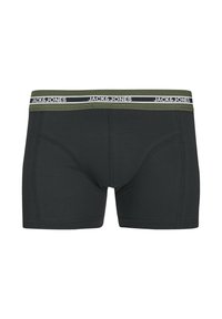 Boxers noirs en tissu doux, avec une ceinture contrastante verte et blanche portant le logo "JACK & JONES" et un design ajusté.