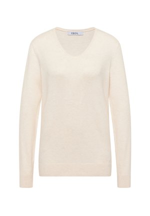Helle beigefarbene langärmlige Sweater mit V-Ausschnitt. Aus weichem Stoff gefertigt, mit gerippten Bündchen und Saum. Schlichte, unverzierte Optik.