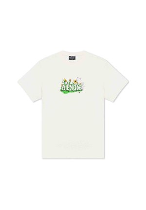 Biała koszulka z grafiką słoneczników rosnących oraz białym kotem wyłaniającym się zza nich, umieszczona centralnie nad nazwą marki "Ripndip".