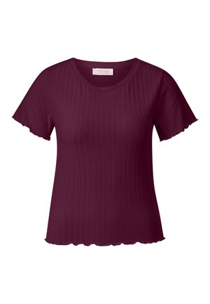 Top corto a maniche corte bordeaux a coste con scollatura rotonda. Presenta un orlo scallop e una morbida trama del tessuto, adatto per un abbigliamento casual.
