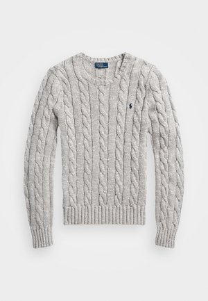Light gray cable-knit sweater with long sleeves, crew neck, ribbed cuffs and hem, and small navy Polo Ralph Lauren logo on chest.