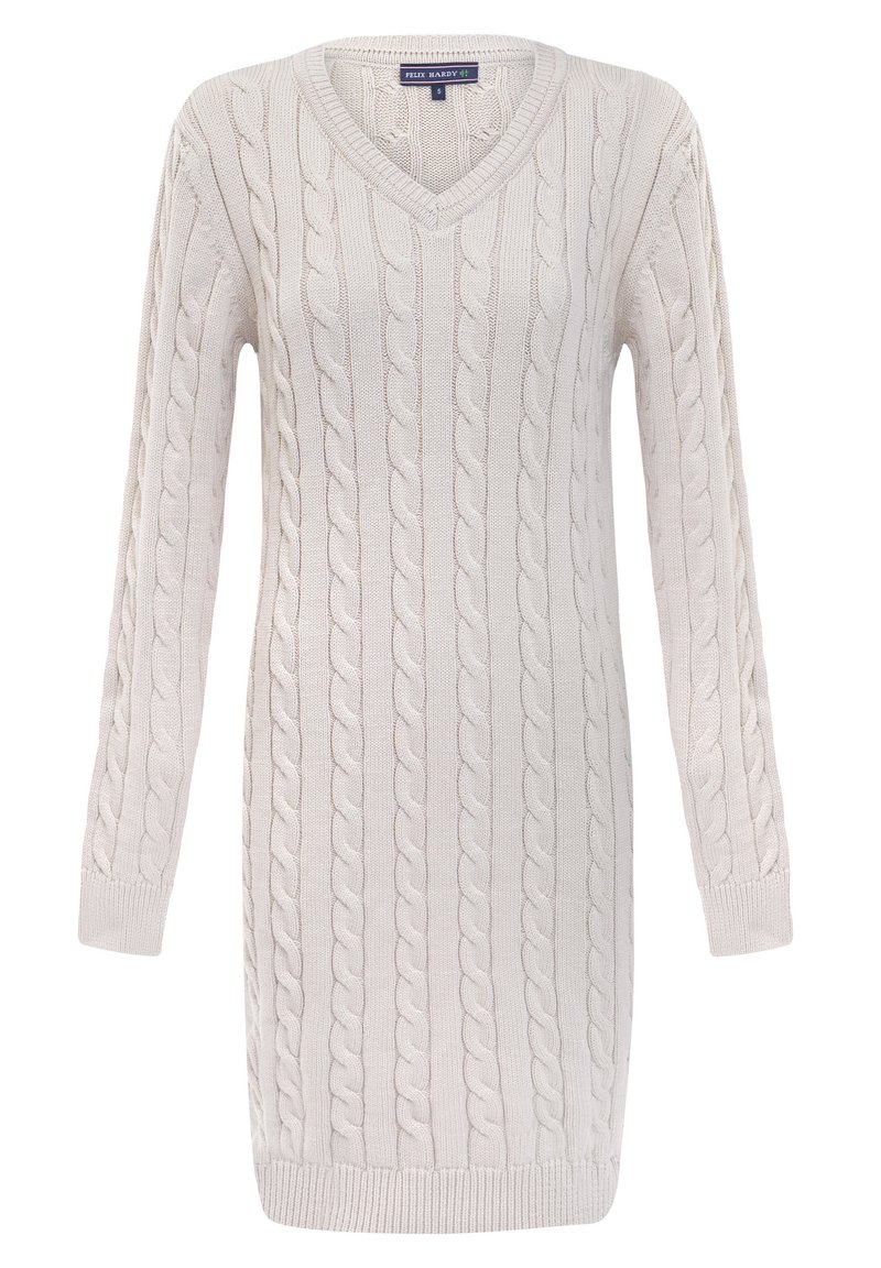 Abito maglione a maglia cable di un beige chiaro con scollo a V, maniche lunghe, motivo testurizzato e polsini e orlo a coste. Vestibilità classica, materiale morbido.