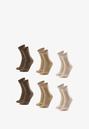 Sechs Paar Knöchelsocken in Braun- und Beigetönen, mit glatter Textur, elastischen Bündchen und unterschiedlichen Farbtönen für vielseitiges Tragen.