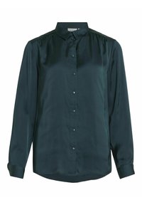 Chemise satinée à manches longues, de couleur vert foncé, avec fermeture à bouton, col classique et détails froncés aux épaules. Texture lisse et ourlet droit.