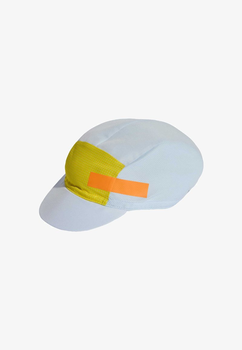 White and yellow cycling cap with short brim and an orange reflective strip on the yellow panel.
