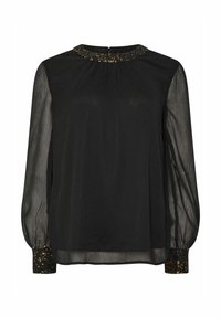 Blusa nera a maniche lunghe con texture plissettata, colletto decorato con paillettes e polsini texturizzati. Tessuto morbido e trasparente.