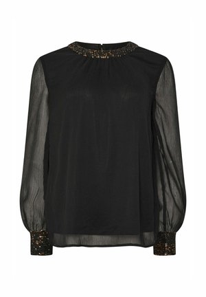 Blouse noire à manches longues avec une texture plissée, col orné de sequins et poignets texturés. Tissu doux et léger.