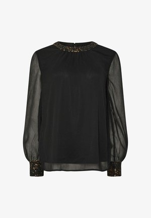 Sort langærmet bluse med plisseret tekstur, udsmykket krave med pailletter og strukturerede manchetter. Blødt, gennemsigtigt stof.