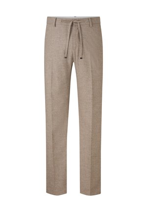 Beige op maat gemaakte broek van textuurstof met een bindband in de taille en een rechte pijp. Voorzien van subtiele geweven details.