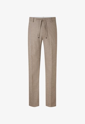 Beżowe spodnie o dopasowanym kroju wykonane z fakturowanej tkaniny, z elastycznym paskiem do regulacji w talii i prostymi nogawkami. Posiadają subtelne wplecione detale.