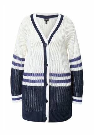 Witte en marineblauwe gebreide cardigan met een V-hals, lange mouwen, knoopsluiting en horizontale strepen in marineblauw en lichtblauw. Gelaagd steekdesign.