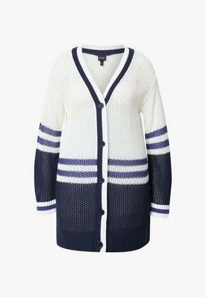 Witte en marineblauwe gebreide cardigan met een V-hals, lange mouwen, knoopsluiting en horizontale strepen in marineblauw en lichtblauw. Gelaagd steekdesign.