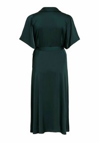 Robe midi en satin vert foncé avec de larges manches courtes, un col et une ceinture assortie nouée à la taille, vue de dos.