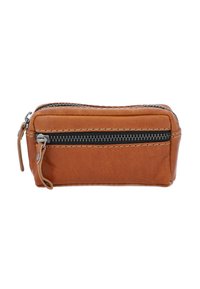Brown leather zippered pouch with a rectangular shape, featuring a contrasting black zipper and stitched accents on the edges.