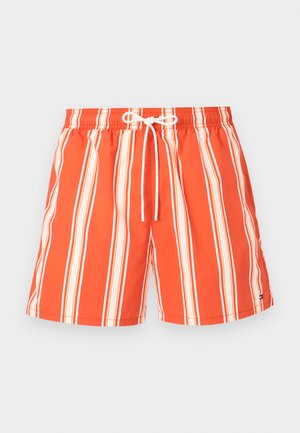 Șorturi de înot portocalii cu dungi verticale albe și galbene, talie elastică și șnur alb în față, în centru.