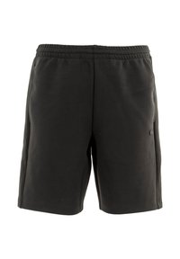 Pantaloni corti neri in cotone con vita elasticizzata e tasche laterali. Presentano un design semplice senza motivi visibili o dettagli metallici.