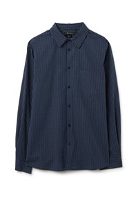 Camicetta a maniche lunghe blu navy con motivo a scacchi, colletto button-down, taschino frontale e bottoni neri. Tessuto morbido con una texture liscia.