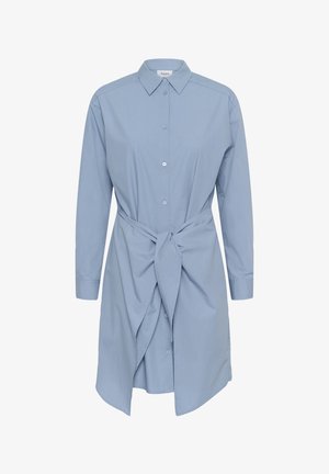 hele sinine pika varrukaga särkkleit krae, ees nööpidega ja vöökohal sõlmitud lipsudetailiga.