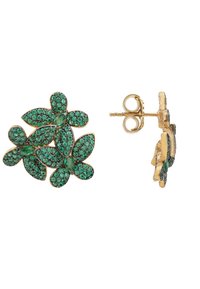 Green floral earrings featuring multiple petal shapes adorned with glittering green stones and gold-toned accents. Post back closure.