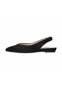 Zwarte suède slingback ballerina met een puntschoen en een licht gebogen zijopening. Glad oppervlak en een lage rubberen zool.