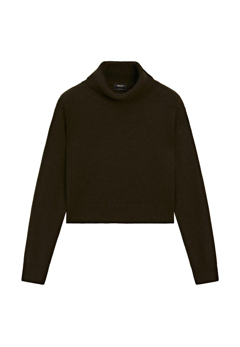 Maglione a collo alto corto in maglia marrone scuro con maniche lunghe, collo, polsini e orli a coste su uno sfondo bianco.