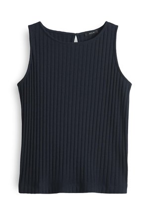 Débardeur sans manches bleu marine avec une texture en côtes verticales, un col ras du cou et un petit détail en forme de clé à l'arrière. Fabriqué en matériau doux.