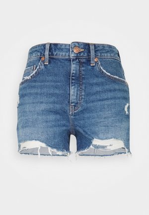 Blauwe denimshorts met rafelige zomen en versleten plekken, voorzien van een knoopsluiting aan de voorkant en riemlussen.