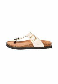 Valkoinen nahkainen flip-flop-sandaali, jossa on korkkipohja, musta kumipohja ja kultasävytteinen solkiyksityiskohta hihnassa.