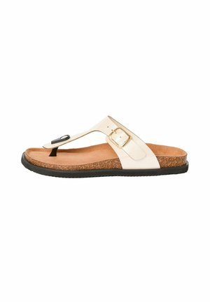 White leather flip-flop sandal with a cork footbed, black rubber sole, and gold-tone buckle detail on the strap.