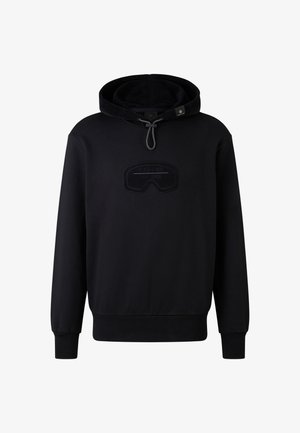 Czarna bluza z kapturem wykonana z miękkiego materiału, z wyraźnym wypukłym logo na przodzie i regulowanym sznurkiem.