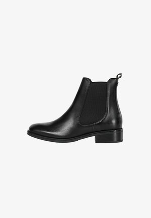 Schwarze Lederstiefel mit elastischen Seiteneinsätzen, abgerundeter Zehenpartie und kleinem Blockabsatz. Glatte Oberfläche mit einem Ziehschlaufe hinten.