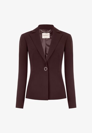 Blazer bordeaux con chiusura a un bottone, vestibilità sartoriale, rever a scollo e tasche laterali. Tessuto liscio con una leggera lucentezza.
