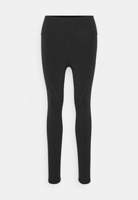 Leggings pretas ativas com uma cintura alta, textura suave e forma ajustada. Sem padrões ou detalhes visíveis no tecido.