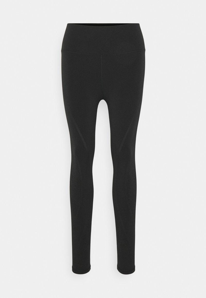 Leggings pretas ativas com uma cintura alta, textura suave e forma ajustada. Sem padrões ou detalhes visíveis no tecido.