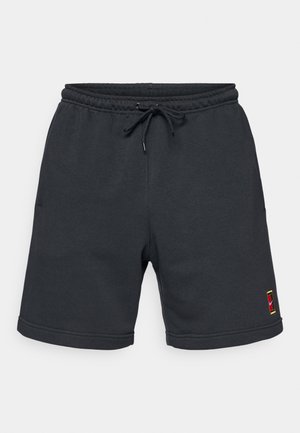 Dunkelgraue Sweatshorts aus einem Baumwollmix, mit einem elastischen Bund und einem Kordelzug sowie einem kleinen farbigen Logo am unteren Saum.