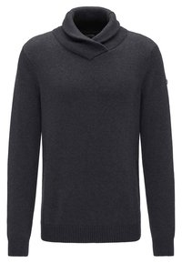 Donkergrijze gebreide trui met een platte, opgevouwen kraag, lange mouwen en een geribbelde zoom. Gladde textuur, compacte pasvorm en minimalistisch ontwerp.