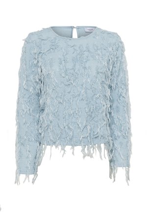 Helles blaues, strukturiertes Sweatshirt mit einem fransigen Muster, langen Ärmeln und einem runden Halsausschnitt. Verfügt über eine kleine Rückenöffnung mit einem Knopfverschluss.