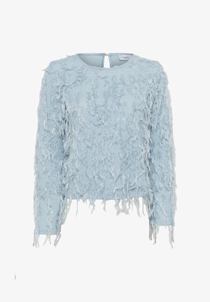 Light blue textured sweater with a frayed pattern, long sleeves, and a rounded neckline. Features a small back opening with a button closure.